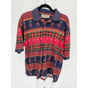 Vtg 1990s Natural Issue Mens Sz L Short Sleeve Polo Golf Print Shirt Red Blue